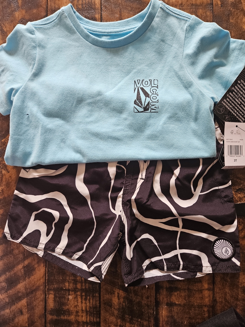 Light Blue Short Sleeve Tee & Black/White Swirl Swim Shorts Set
